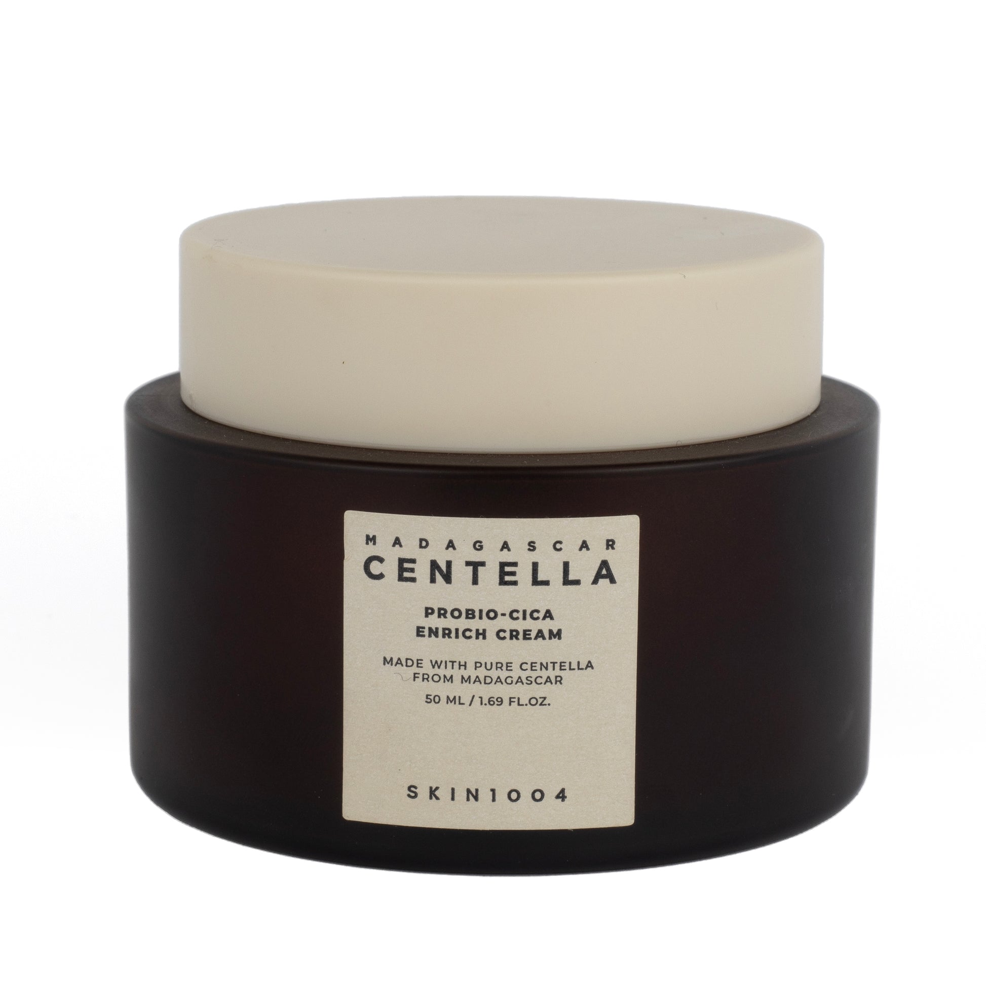 Barattolo di Madagascar Centella Probio-Cica Enrich Cream di Skin1004, crema viso idratante e lenitiva con Centella Asiatica e probiotici, disponibile su Pink Beauty.