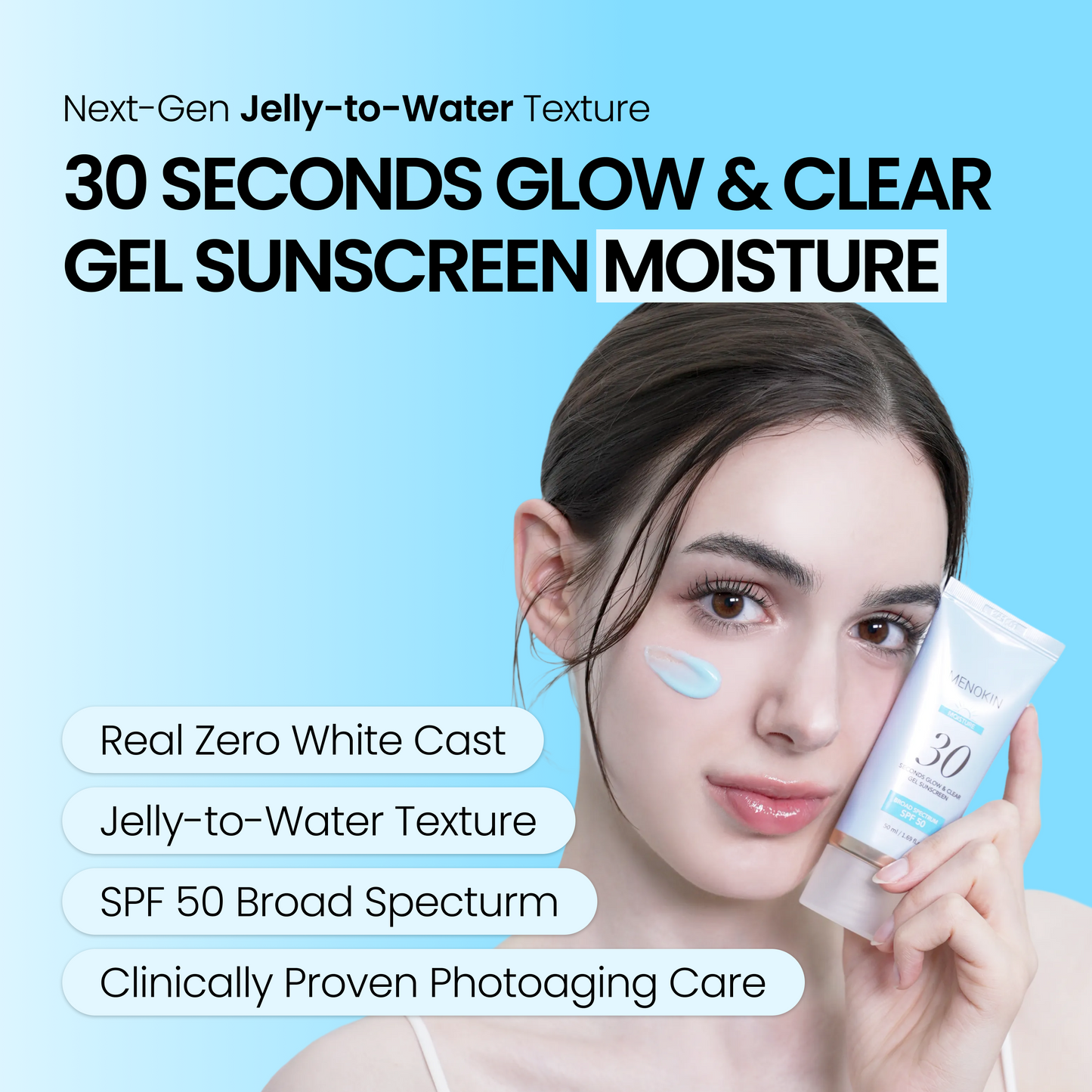 Menokin 30 Seconds Glow &amp; Clear Gel Sunscreen SPF50+ PA++++ – 50 ml